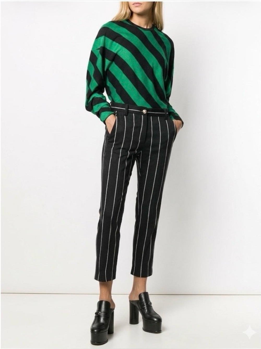 DEREK LAM 10 CROSBY Cropped Striped Straight Leg Trouser In Black White